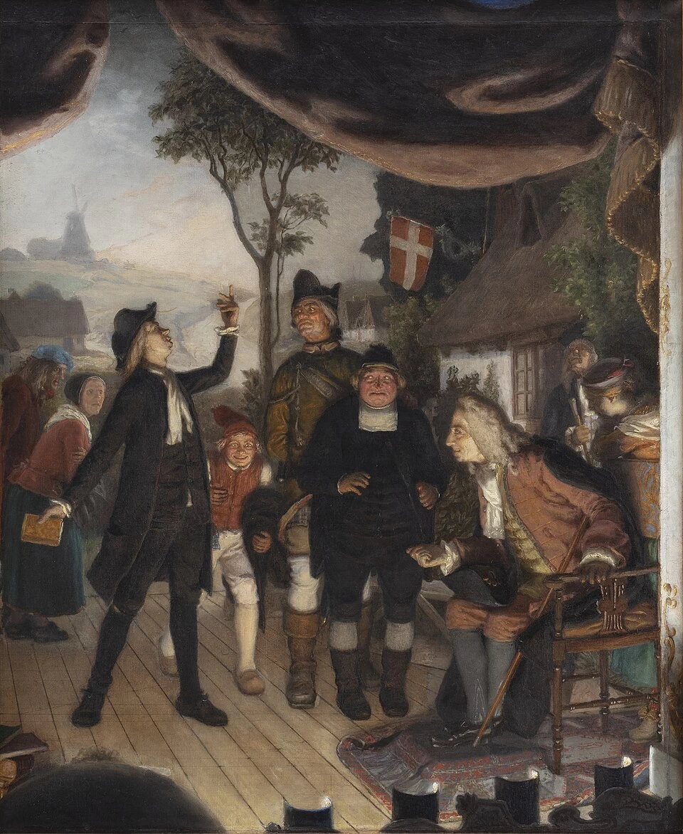 Ludvig Holberg assiste alle prove della sua opera teatrale Erasmus Montanus, Atto IV, Scena 2 - Statens Museum for Kunst